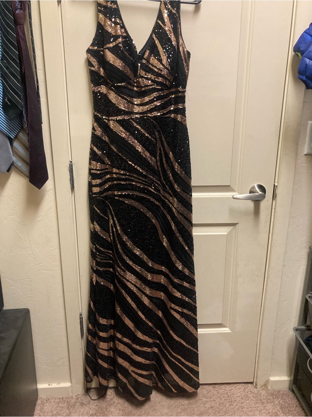 R&M Richards Black and Gold Sequin Maxi Dress